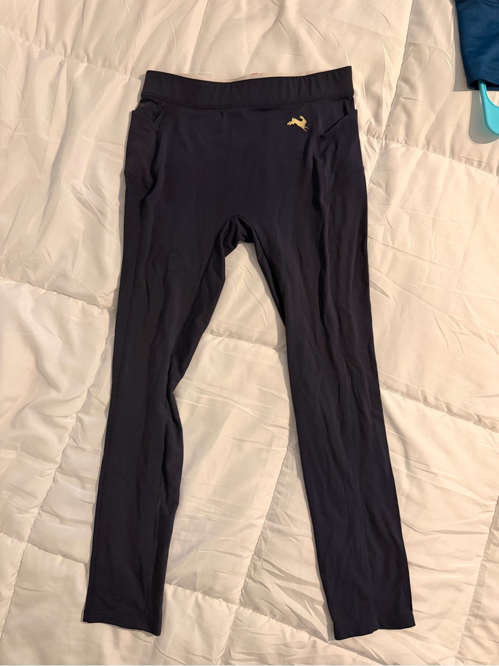 Tracksmith navy Leggings with Gold Hare Logo running